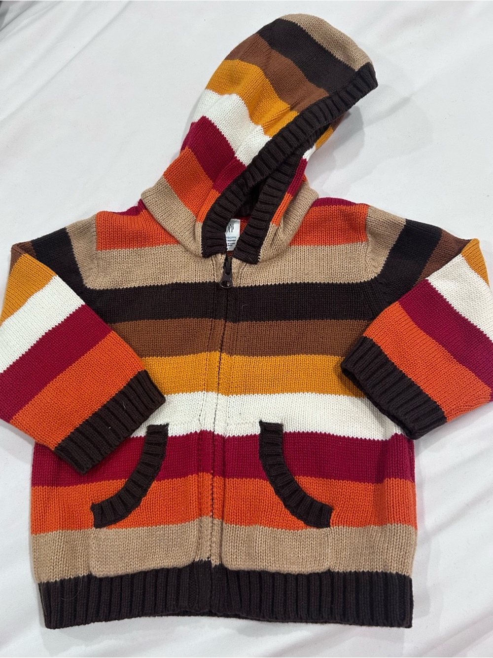 GAP Striped Hooded Zip Sweater in Orange, Red, Brown, Cream, Black
